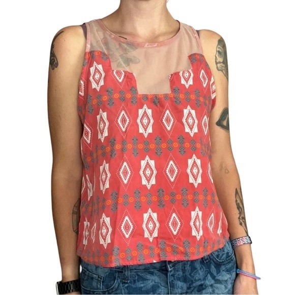 LUSH Medium Open Back Tank Top Aztec Pattern, Mesh Cutout, Tribal Sleeveless Top - Picture 3 of 11
